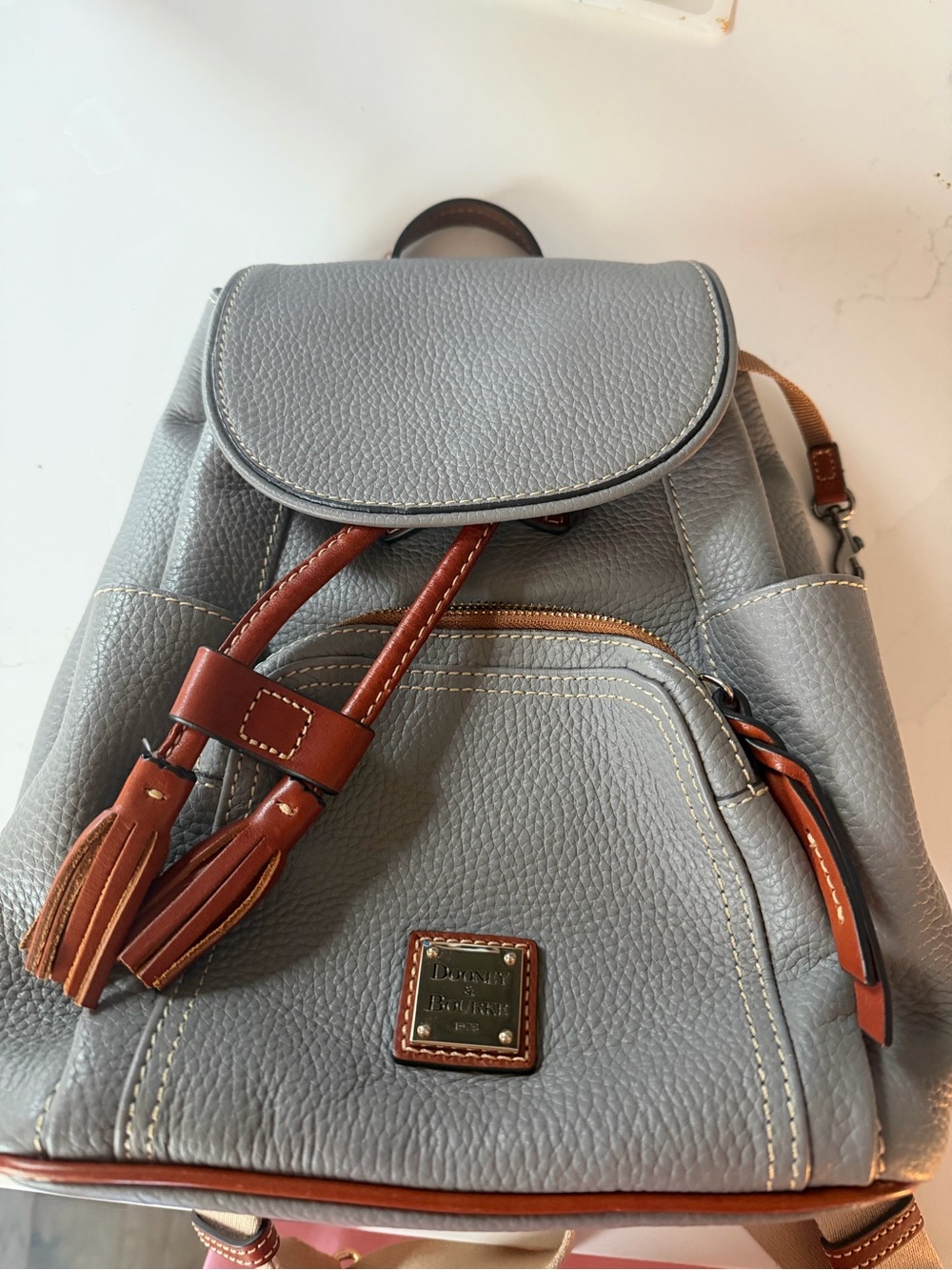 Dooney & Bourke Light Grey Pebbled Leather Backpack with Brown Trim